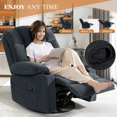Woman relaxing in Cozy Swivel Rocker Recliner Chair For Adults With Massage Heat And Vibration 360 Degree Glider Lounge Sofa