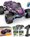 1/18 Scale Brushless RC Car 4WD Off Road Monster Truck with dope top speed up to 30 MPH, purple and black design, remote, extras