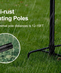 2 Pack 9 Foot Outdoor String Light Poles with black finish and sturdy 5 prong spiral ground anchors on grass