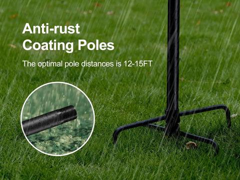 2 Pack 9 Foot Outdoor String Light Poles with black finish and sturdy 5 prong spiral ground anchors on grass