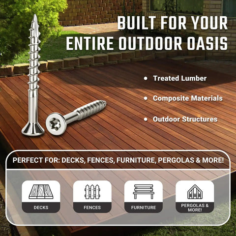 Coast Ready Marine Grade 304 Stainless Steel Deck Screws For Outdoor Wood Projects With Two And One Half Inch Length Flat Head
