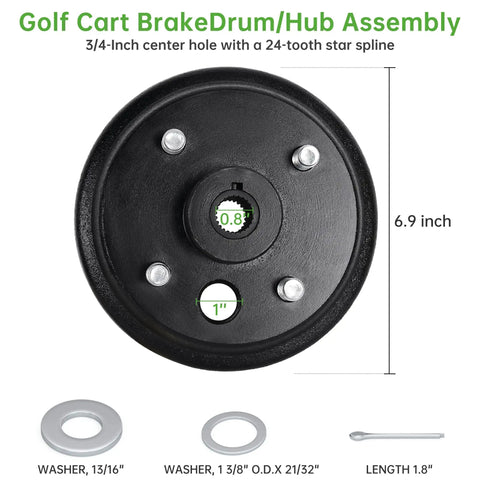 Electric Golf Cart Brake Drum Hub Assembly For EZGO TXT Replacement Fits Rear Hub Spline and Axle Shaft Replaces OEM 19186G1P