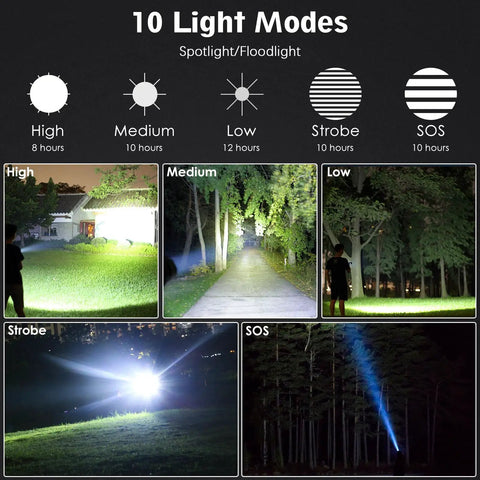 Beefy 2000 Lumen Rechargeable Tactical Flashlight With 10 Modes Waterproof LED Beam Up To 1000m showing light modes outdoors