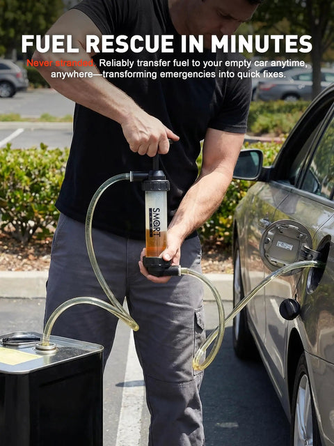 Man using Cordless Gas Siphon Pump With Clear View Fuel Transfer 5 Second Tool Free Setup Upgraded Quick Connect Shark Bite Fitting for no spill easy gas transfer on car