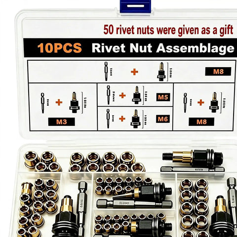 Go-To Pro Grade Auto Rivet Nut Tool Kit With Rustproof Design, 60-Piece M3 To M8 Threaded Inserts, All Spec Fasteners In One Box, Quick Sheet Metal And Auto Panel Fixes, Durable Galvanized Steel Construction, open case with M3 to M8 inserts
