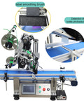 Automatic Flat Surface Labeling Machine With Built In Printer And Desktop Conveyor System For High Speed Precision Sticker Application Dead Simple Setup 110V with label smoothing brush close-up.