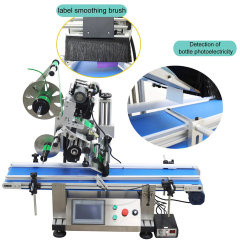 Automatic Flat Surface Labeling Machine With Built In Printer And Desktop Conveyor System For High Speed Precision Sticker Application Dead Simple Setup 110V with label smoothing brush close-up.