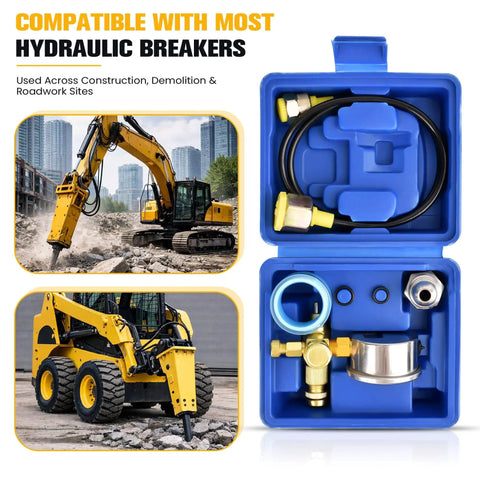 Hydraulic Breaker Nitrogen Charge Kit With Gauge And Hose 0-1420 PSI 0-98 Bar G5/8 To CGA580 Adapter For Excavators Post Drivers And Heavy Equipment Built Tough With Stainless Steel Gauge Case