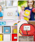 Boho Rainbow Name Tag Stickers Pack Six Styles For Back To School And Classroom Decor on laptop, folders, and storage bags.