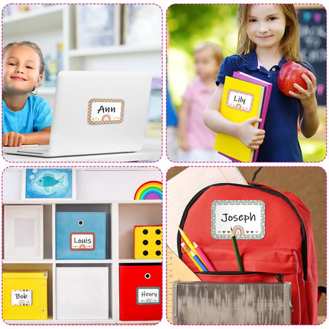 Boho Rainbow Name Tag Stickers Pack Six Styles For Back To School And Classroom Decor on laptop, folders, and storage bags.