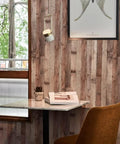 Cinnamon Wood Peel And Stick Wallpaper Self Adhesive Faux Wood Plank For Kitchen Counter And Home Decor Removable Vinyl Contact Paper 17.3 Inches By 472 Inches Roll 56.7 Sq Ft on wall behind table and chair