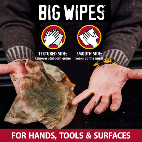 Heavy Duty Hand Cleaning Wipes With Textured Scrubbing Degreaser For Mechanics And Tool Pros In The Shop, dirty wipe held