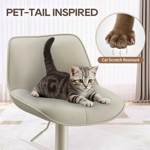 Adjustable Swivel Faux Leather Bar Stools Set Of 2, 26-34 Inch, beige stool with cat demonstrating scratch resistance.