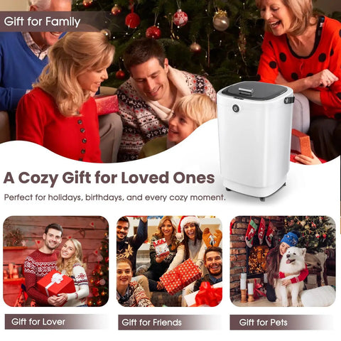 Family gathered around a Christmas tree with a bucket style towel warmer for bathroom, luxury large spa heater nearby
