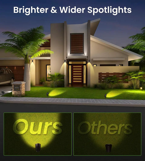 Low Voltage 7W Outdoor Landscape Lights With Connectors, 2700K Warm White IP66 Waterproof Spotlights illuminating a house facade