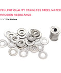 Front view of flat stainless steel washers, 100 pcs, 3/16 in ID x 1/2 in OD, 304 stainless, plain finish