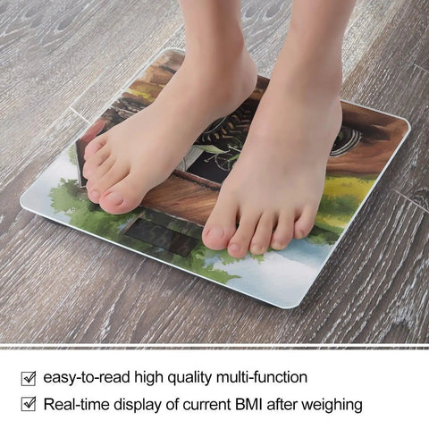 Child standing on Farm Tractor Themed Digital Body Scale With High Precision Dope Slim Compact Bathroom Scale for home use