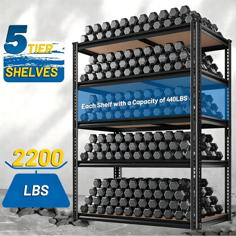 Beefy 5-Tier Garage Shelving Unit, 72-Inch Tall, Adjustable Steel Racks With 2,200 Lb Total Capacity, Anti-Sag Design For Garage, Workshop, And Warehouse, Heavy Duty Storage That Keeps Your Gear Sorted on black steel shelves