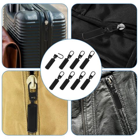 8 Pack Black Zipper Pull Replacements For Jackets And Coats Bags And Luggage Easy Install Zipper Sliders Detachable Pull Tabs Repair Kit For Clothing Backpacks Suitcases Boots And Purses shown installed on various items