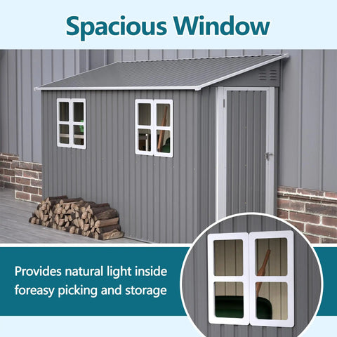 Lean To Shed 4x10 Ft With Floor Frame And Windows Heavy Duty Metal Outdoor Storage Shed with spacious window gray