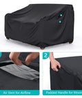 Heavy Duty Waterproof Patio Sofa Cover For 60 Inch Length 34 Inch Depth 30 Inch Height Outdoor Couch Fits Two Seaters With Air Vent And Handles All Weather Black, showing air vent and handles details