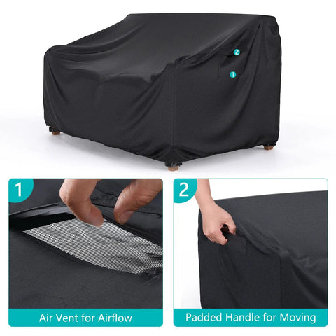 Heavy Duty Waterproof Patio Sofa Cover For 60 Inch Length 34 Inch Depth 30 Inch Height Outdoor Couch Fits Two Seaters With Air Vent And Handles All Weather Black, showing air vent and handles details