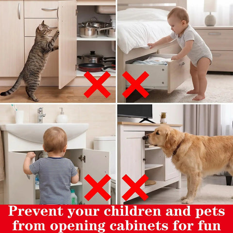 Image showing pets and children opening cabinets and drawers with red X marks, demonstrating the need for Ultra Thin Magnetic Cabinet Catch Set 20 Pack EZ Install Self Adhesive No Drill Drawer Latches With Iron And Rubber Dampening For Quiet Soft Close Closures In Kitchen Bathroom Cupboard Wardrobe RV Silver.