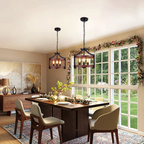 Convertible Three Light Farmhouse Chandelier With Pendant Or Semi Flush Mount Ceiling Light in dining room scene.