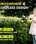 Woman using Ultra Light 20V Cordless Hedge Trimmer with 24 inch blade, trimming hedge in garden.