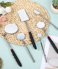Six Piece Telescoping Inspection Mirror Set with 360 Degree Rotating Heads, retractable long handles displayed on a woven mat.