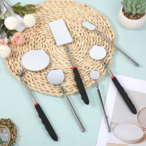 Six Piece Telescoping Inspection Mirror Set with 360 Degree Rotating Heads, retractable long handles displayed on a woven mat.