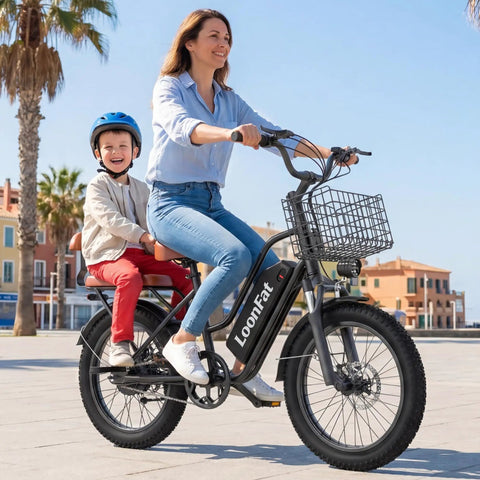 Two Seater Fat Tire Ebike With Front Basket And Rear Seat, 1000W Peak Power, 48V 13Ah Battery, City Commute Electric Bike With Front Fork Shock Absorption, Dual Disc Brakes, 20x3 Fat Tires, UL2849 Black ridden by a woman with a child on a sunny day.