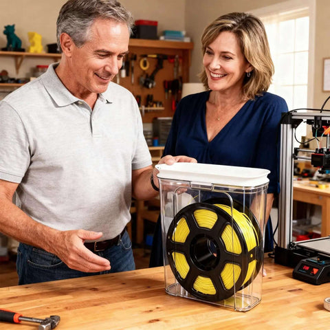 Couple using a Moisture Proof And Dust Proof 3D Printing Filament Storage Box Set with yellow filament spool inside
