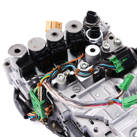Solid Grip CVT Transmission Valve Body Featuring Knockout JF011E RE0F10A Replacement view with stepper motor connectors and wiring.