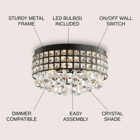 14.5 Inch Black Three Light Iron And Crystal Flush Mount Drum Ceiling Light With Faceted Crystal Drops, showing its features.