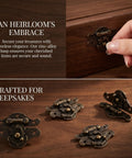 Vintage Jewelry Box Latches With Screws 10pcs Retro Zinc Alloy Box Hasp Clasps on wooden chest in coffee color