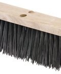 Heavy Duty Industrial Floor Sweep Head, 18 Inch Street Broom With Battle Ready Crimped Bristles on a wooden base.