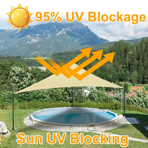 Triangle Shade Sail Canopy for Outdoor Patio Garden, 5 x 5 x 5 Feet, 185 GSM fabric, providing 95 percent UV block over pool.
