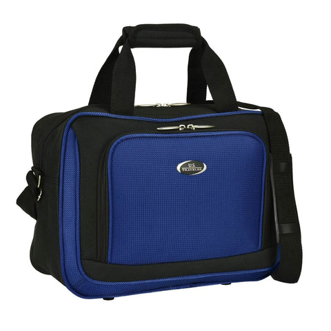U.S. Traveler blue luggage bag with black trim, front zip pocket, dual handles and detachable shoulder strap