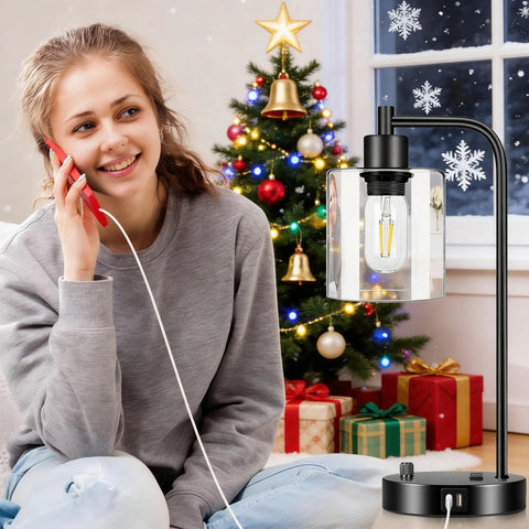Industrial Table Lamp With USB A And C Ports And Outlet Fully Stepless Dimmable Modern Nightstand Lamp With Dope Glass Shade