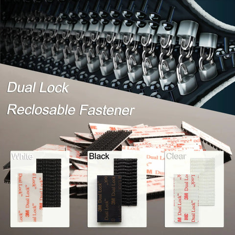 Badass Dual Lock Fastener 12 Pack Heavy Duty Mounting Tape 1 X 2 Inches with black, white, and clear interlocking strips.