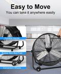 Beast Mode 30 Inch Industrial Drum Fan With 14000 CFM High Velocity Air 360 Degree Tilt Heavy Duty Metal Floor Fan with portable handle, non-skid feet, and wheels for easy moving in commercial spaces.