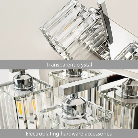 Close-up of Modern Five Light Vanity Light in Chrome with Clear K9 Crystal Shades, showcasing luxurious and sleek sconce design