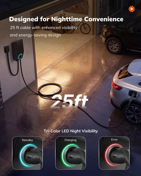 Hella Fast Level 2 Ev Charger For Home Driveways With J1772 Connector And Nema 14 50 Plug Ul Certified 240 Volt setup with 25ft cable for nighttime use.