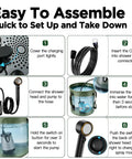 Step-by-step setup of On The Go Camp Shower System For Camping With 8000mAh Battery LED Display USB C, showing assembly instructions.
