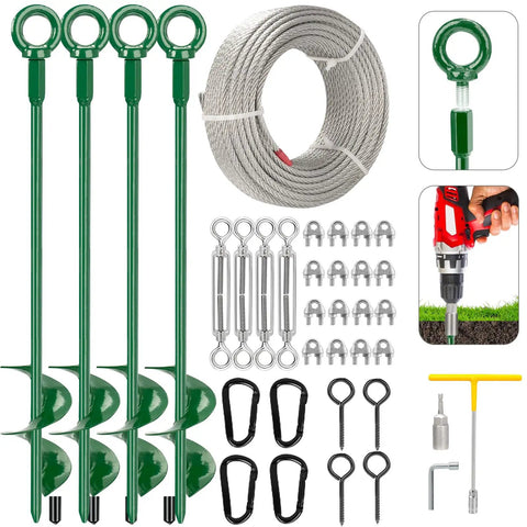 Complete Four Pack Thirty Inch Triple Helix Ground Anchors Kit With Fifty Foot Three Sixteenth Inch Galvanized Cable and tools.