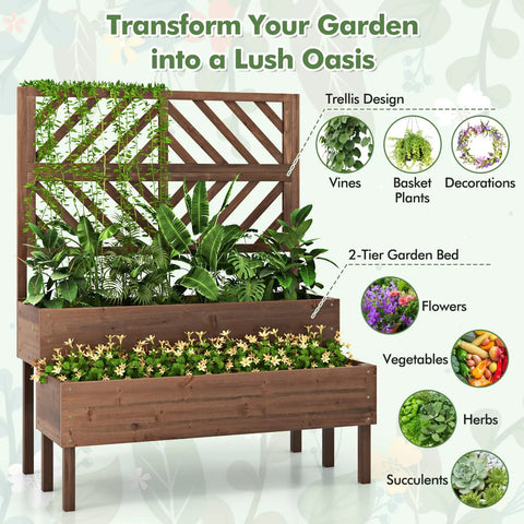 Raised Garden Bed With Trellis And Two Planter Boxes 2 Tier Outdoor Wooden Elevated Planter Box With Legs And Drainage Holes