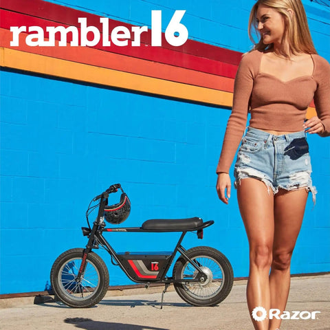 Dope Electric Minibike For Teens And Adults With 350W Motor 36V Battery 16 Inch Tires Black Rambler 16 beside smiling woman