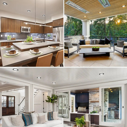Modern interiors showcasing 4 Pack 5 Inch LED Flush Mount Ceiling Lights, 10W Dimmable Round Panel Fixtures, 3 Color Temperature Options.