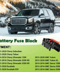Heavy Duty Battery Distribution Fuse Block Direct Bolt On Replacement For 2014 2020 Chevy Suburban Silverado Tahoe Gmc Yukon Sierra Escalade Rock Solid Plug And Play Electrical Power Junction Box Assembly in front of GMC vehicle.